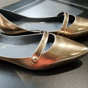 Vogue metallic gold slip on button strap flats